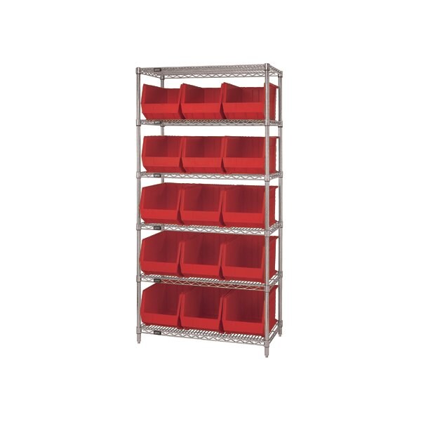 Bsc Preferred 36 x 18 x 74'' - 6 Shelf Wire Shelving Unit with 15 Red Bins WSBQ260R - main